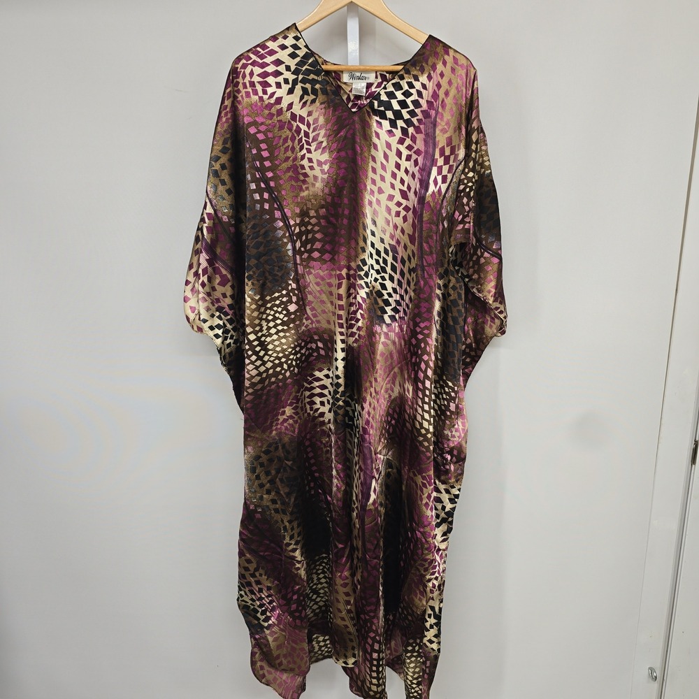 Winlar Womens One Size Caftan Gown Purple Gold Geometric Satin Loungewear Maxi